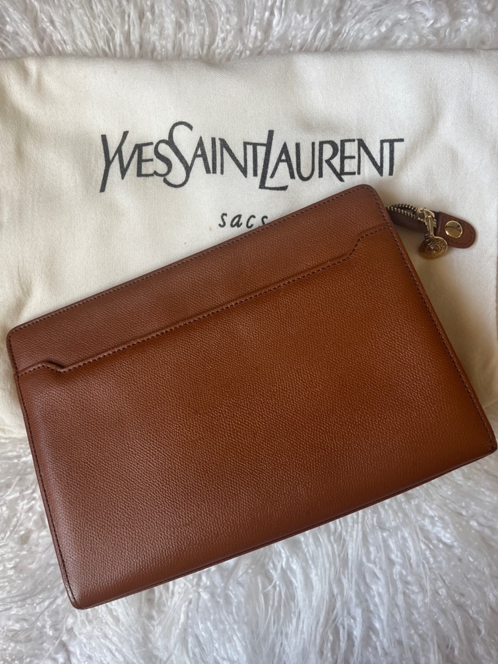 Yves Saint Laurent Tan Leather Zip Clutch with Gold Hardware